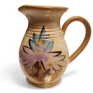 Vintage Hand-Painted Floral Pitcher Vase – Glazed Terracotta Clay Pottery, 6" H